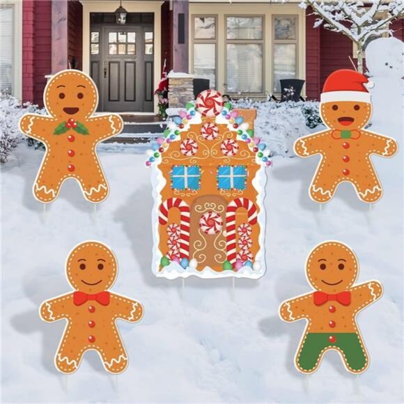 Gingerbread Christmas Decorations Outdoor Yard Signs- 5 Pack Plastic Gingerbread - Picture 1 of 7